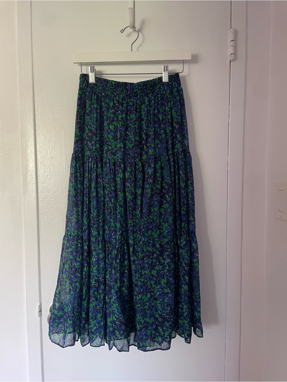 Floral Tiered Midi Skirt in Blue & Green